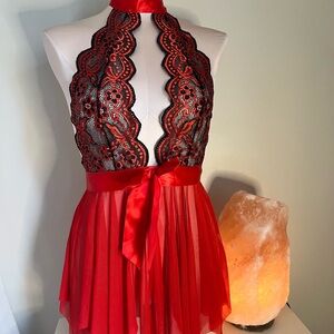 Elegant Red Lace Halter Babydoll